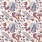 Seamless cute autumn pattern made with fox, bird, flower, plant, leaf, berry, heart, friend floral nature acorn Rowan