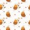 Seamless cute bee. Cartoon background with honeybee characters. Little hives inhabitants. Yellow striped insect and