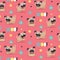 Seamless cute dog pattern with dogs, pugs, pet, puppy, paw, flowers, woof