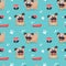 Seamless cute dog pattern with pugs, pet, puppy, woof, dog food, chicken leg, meat, sausages, paw