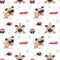 Seamless cute dog pattern with pugs, pet, puppy, woof, dog food, chicken leg, meat, sausages, paw