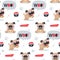 Seamless cute dog pattern with pugs, pet, puppy, woof, dog food, chicken leg, meat, sausages, paw