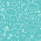 Seamless cute hand-draw cartoon style pattern with umbrella, zipper, cloud, rubber boot, drop, bow, watering can