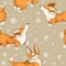 Seamless cute pattern with dogs of breed corgi. Summer mood with puppies on a light beige background. puppy