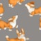 Seamless cute pattern with dogs of breed corgi. Summer mood with puppies on a light gray background. puppy