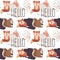 Seamless cute pattern fox squirrel acorn hello, postcard