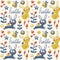 Seamless cute pattern made with fox, rabbit, hare, flowers, animals, plants, hearts, hello for kid