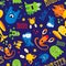 Seamless cute pattern made with monsters, bubbles and words hello, monster
