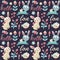 Seamless cute pattern made with rabbit, hare, flowers, animals, plants, hearts, love, hello, berry, Valentines day