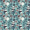 Seamless cute pattern with Panda and bamboo, plants, jungle, bird, berry, flowers