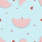 Seamless cute pink watermelon with yellow heart shape seeds on blue background Kawaii pattern summer fruits in pastel colour