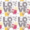 Seamless cute vector animal pattern with farm sheeps, graphic elements, love, hearts