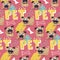 Seamless cute vector animal pet pattern with pug dogs, bone and graphic elements