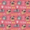 Seamless cute vector animal pet pattern with pug dogs and cats, paw and bone, meow and woof