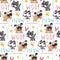 Seamless cute vector animal pet pattern with pug dogs and cats, paw and bone, meow and woof