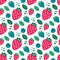 Seamless cute vector floral summer pattern with strawberry, raspberry, blackberry, leaves