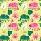 Seamless cute vector floral tropical pattern with iguanas, leaves, plants, branches and flowers