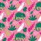 Seamless cute vector floral tropical pattern with iguanas, leaves, plants, branches and flowers