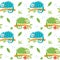 Seamless cute vector floral tropical pattern with iguanas, leaves, plants, branches and flowers