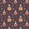 Seamless cute vector magical autumn pattern with leaves, berries, branches, plants, magic pot, bubble, wings, stars