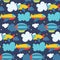 Seamless cute vector transport pattern with airship, airplane, clouds