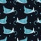 Seamless cute watercolor stingray pattern. Vector fish background with manta rays