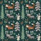 Seamless cute winter christmas pattern made with fox, rabbit, mushroom, moose, bushes, plants, snow, tree