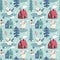 Seamless cute winter pattern with bears skate, houses, snowman, trees, forest, new year, smoke from ruby, hearts, wild