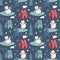 Seamless cute winter pattern with bears skate, houses, snowman, trees, forest, new year, smoke from ruby, hearts, wild