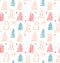 Seamless cute winter pattern. Decorative gentle background with spruces, fir-trees.