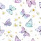 Seamless daisy flowers and butterfly vector background. Spring floral watercolor pattern