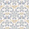 Seamless daisy pattern in french blue linen shabby chic style. Hand drawn floral damask texture. Old white blue