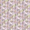 Seamless dandelion print. Spring pattern of colorful flowers, purple grass and white shadow in the background