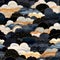 Seamless dark blue night sky pattern with gold foil constellations, stars and watercolor clouds