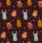 Seamless dark pattern with geometric insects and polka on brown background. Vector texture with stag beetle, flying ant, ladybug