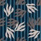 Seamless dark random pattern with vintage leaves shapes. Navy blue striped background. Plants ornament