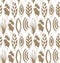 Seamless decorative pattern with ink drawn leaves. Beige texture in grunge style.
