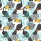 Seamless decorative pattern with toucan and tropical leaves. Hand drawn images. Trend of season on White background