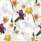 Seamless delicate pattern with spring line flowers. Bright spring  daffodils, tulips illustration.