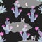 Seamless desert pattern with blooming cacti, moon on night sky and funny cats on transparent clouds. Fairytale print for baby