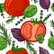 Seamless design food pattern. Backdrop with vegetable organic food. Background with tomato, rosemary, basil leaf