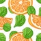 Seamless design of orange pattern. Wallpaper with organic fruit and spinach leaf. Wallpaper for vegetarian citrus