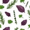 Seamless design seasoning pattern. Backdrop with fresh herb. Background with rosemary, basil leaf, parsley and thyme