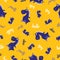 Seamless dinosaur pattern. Animal yellow background with dark blue dino. Vector illustration.