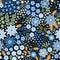 Seamless ditsy floral pattern with beautiful blue flowers and leaves on black background in folk style.
