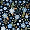 Seamless ditsy floral pattern with blue flowers on black background. Fashion print for fabric.