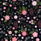 Seamless ditsy floral pattern with cute pink flowers and green leaves on black background. Fashion design