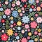 Seamless ditsy floral pattern with fantasy little flowers and leaves in folk style. Vector illustration.