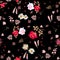 Seamless ditsy floral pattern with roses, daisies and bell flowers and silhouettes of leaves on night sky background. Vector