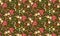 Seamless ditsy floral pattern with roses, tulips, leaves and petals on dark green background. Vector summer design